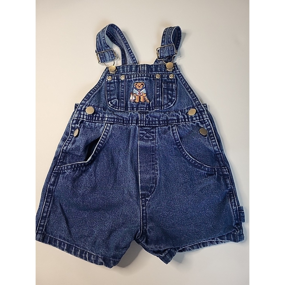VINTAGE KIKS Infant Denim Shortalls Embroidered Sailor Bear 12mo